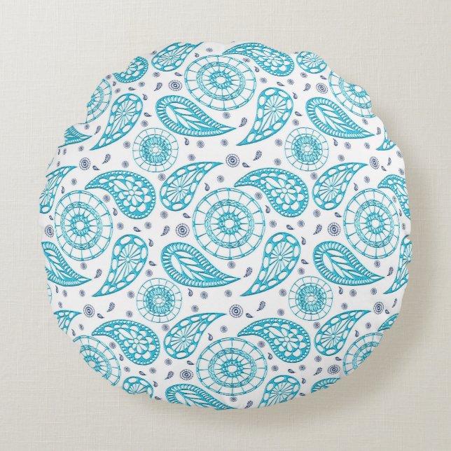 Paisley blue boho pattern round pillow (Front)