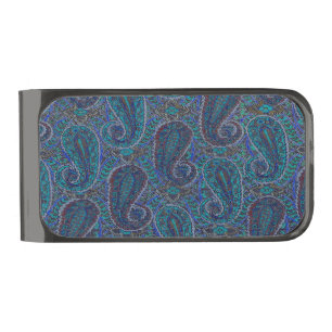 Paisley Blue Indian Boho Art Pattern Gunmetal Finish Money Clip