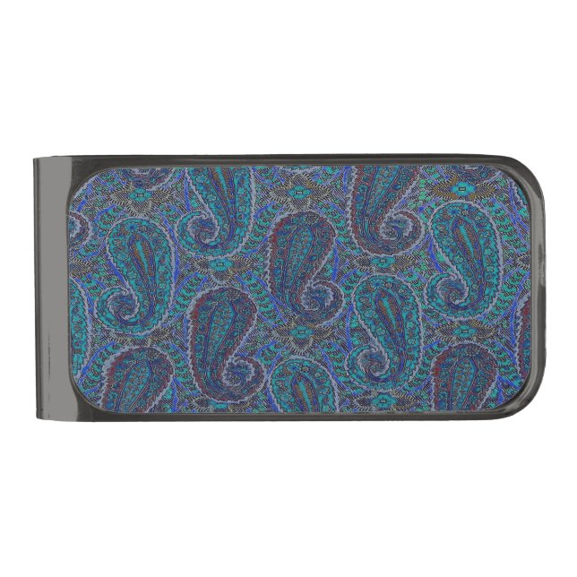 Paisley Blue Indian Boho Art Pattern Gunmetal Finish Money Clip (Front)