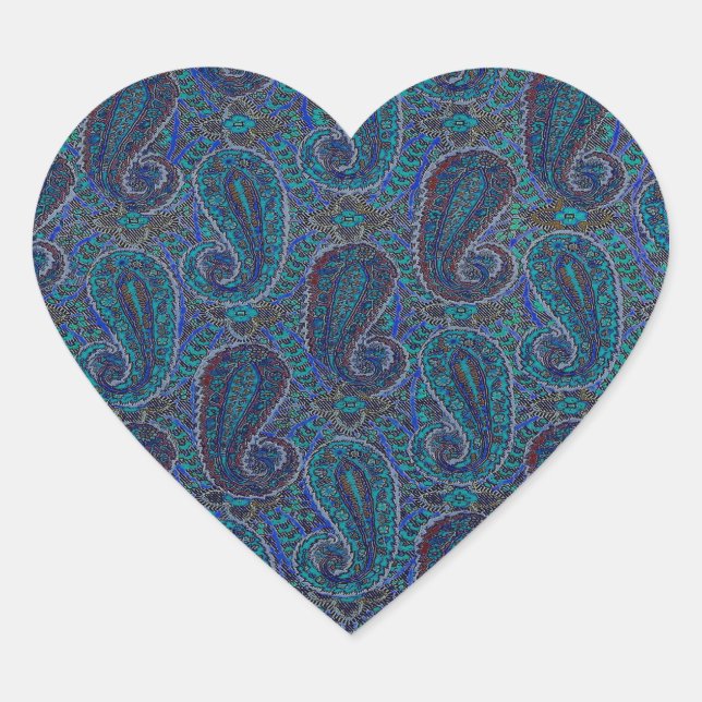 Paisley Blue Indian Boho Art Pattern Heart Sticker (Front)
