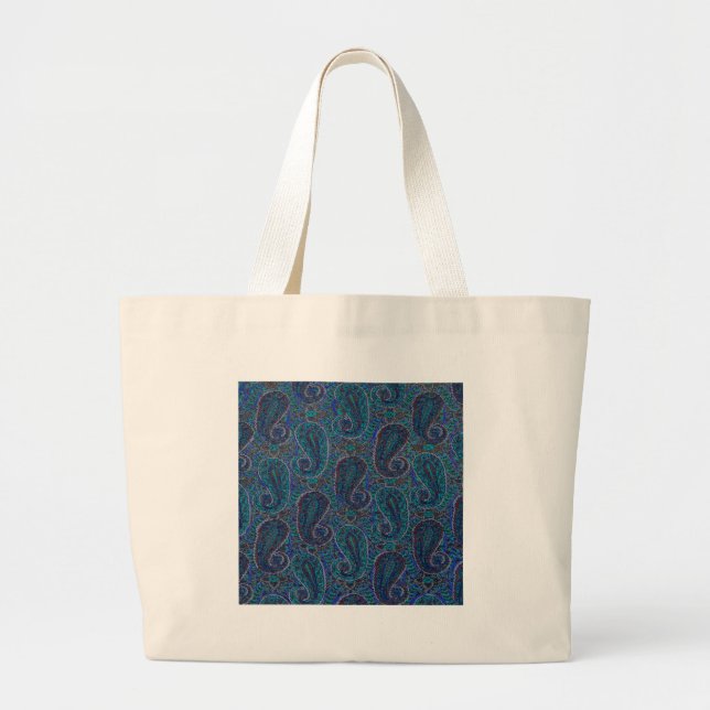 Paisley Blue Indian Boho Art Pattern Large Tote Bag (Front)