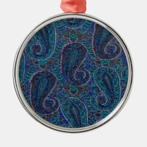 Paisley Blue Indian Boho Art Pattern Metal Ornament