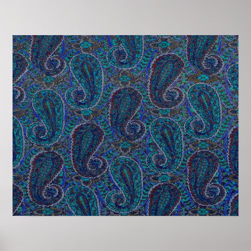 Paisley Blue Indian Boho Art Pattern Poster