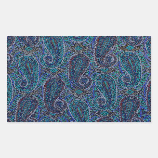 Paisley Blue Indian Boho Art Pattern Rectangular Sticker (Front)