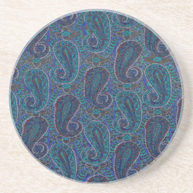 Paisley Blue Indian Boho Art Pattern Sandstone Coaster (Front)