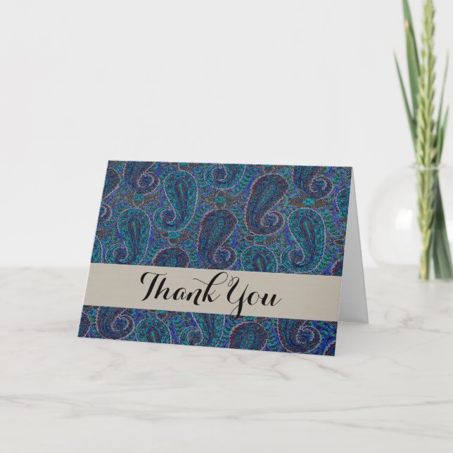Paisley Blue Indian Boho Art Pattern Thank You Card (Front)