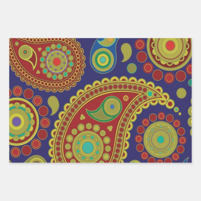 Paisley Bohemian Pattern with red, blue, gold Wrapping Paper Sheets (Front)