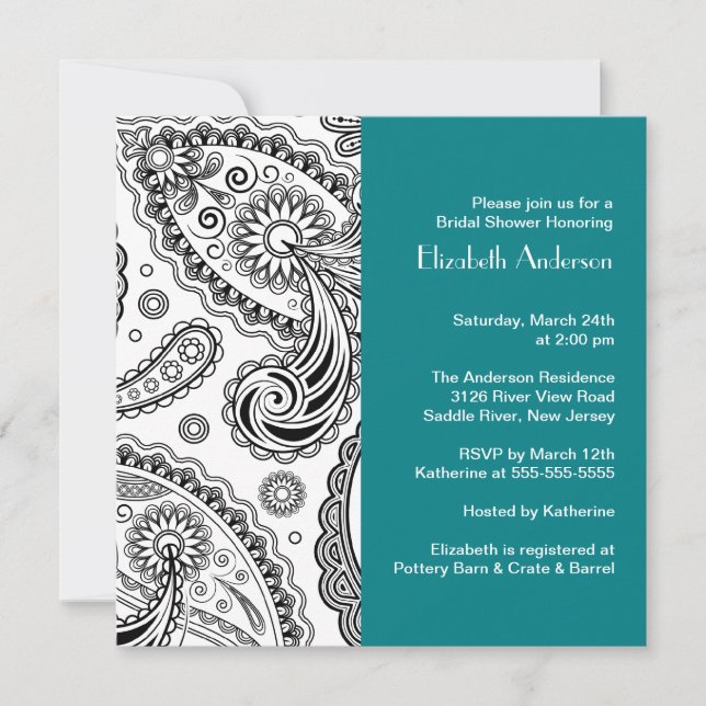Paisley Bridal Shower Invitation Black & Turquoise (Front)