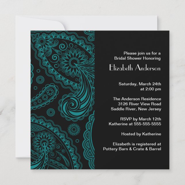 Paisley Bridal Shower Invitation Black & Turquoise (Front)