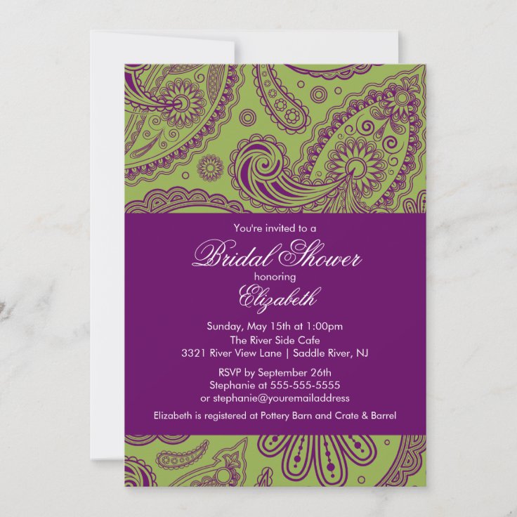 Paisley Bridal Shower Invitation Chartreuse Purple Zazzle