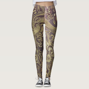 Paisley Brocade Leggings in gold and brown
