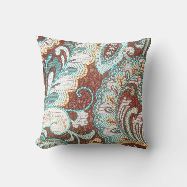 Paisley Brown aqua mint white Designer pillow (Front)