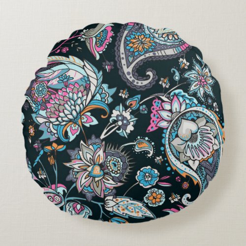 Paisley cucumber traditional seamless pattern round pillow