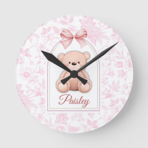 Paisley Custom Pink Teddy Bear Nursery Design Round Clock