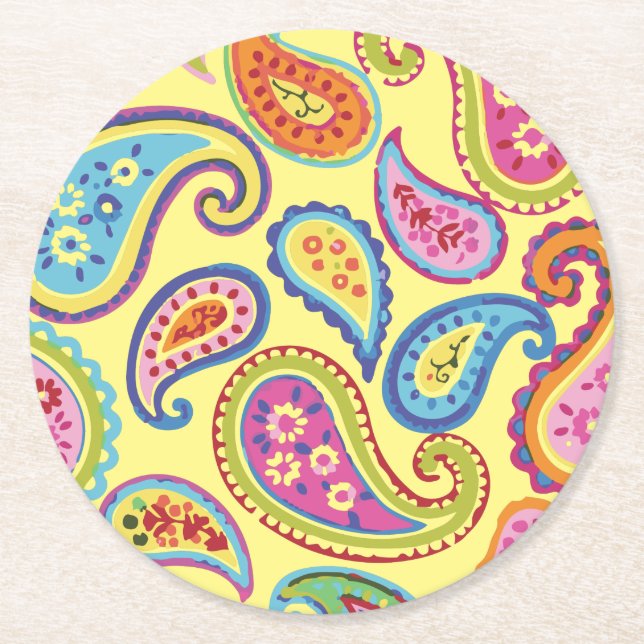 Paisley Cute Colorful Kids Birthday Party Round Paper Coaster (Front)