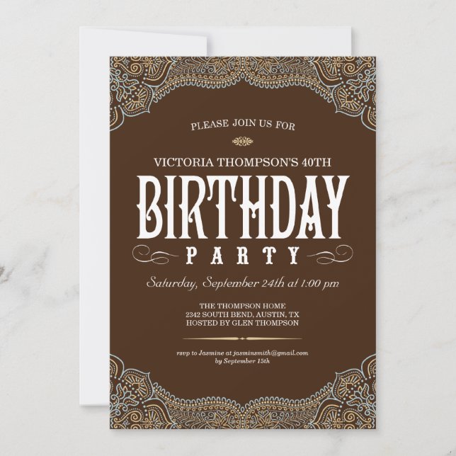Paisley Dark Brown Birthday Party Invitations (Front)