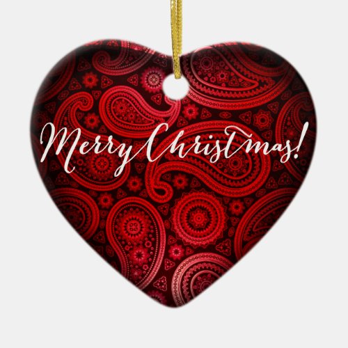 Paisley Deluxe Merry Christmas Heart  red Ceramic Ornament