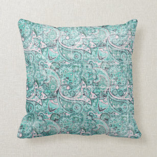 Paisley Distressed Teal Blue Pattern Throw Pillow