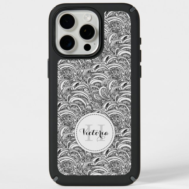 Paisley doodle pattern ink mono initial & name speck iPhone case (Front)