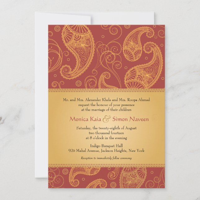 Paisley Dreams Gold Orange Wedding Invitation (Front)
