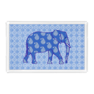 Paisley elephant - cobalt blue and white acrylic tray