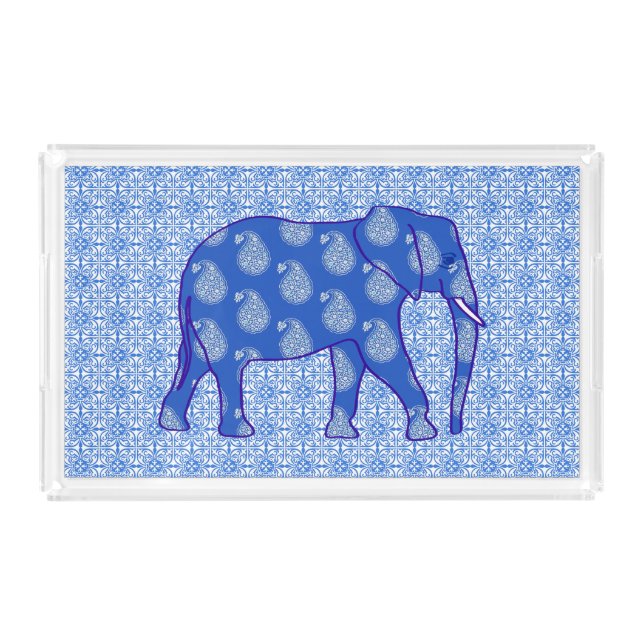 Paisley elephant - cobalt blue and white acrylic tray (Front)