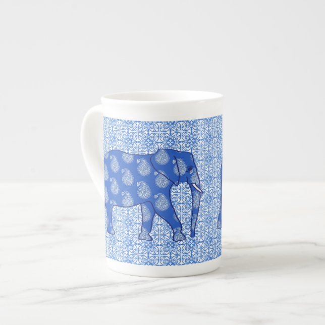 Paisley elephant - cobalt blue and white bone china mug (Front Left)