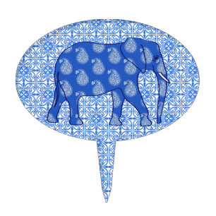 Paisley elephant - cobalt blue and white cake topper