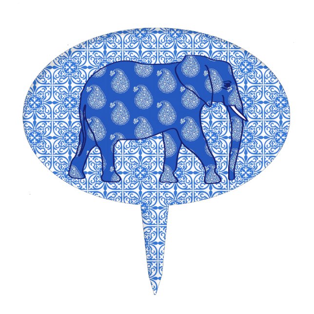 Paisley elephant - cobalt blue and white cake topper (Front)