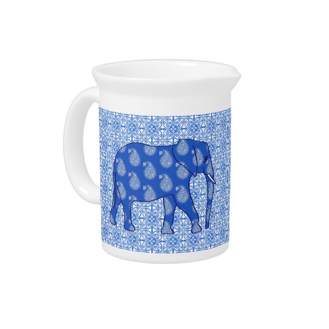 Paisley elephant - cobalt blue and white drink pitcher (Left)