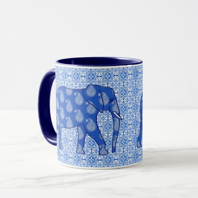 Paisley elephant - cobalt blue and white mug (Front Left)