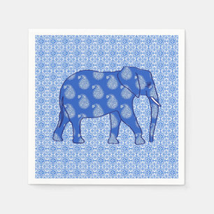 Paisley elephant - cobalt blue and white paper napkins