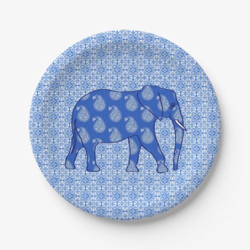 Paisley elephant _ cobalt blue and white paper plates