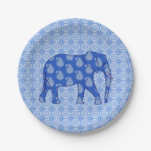 Paisley elephant - cobalt blue and white paper plates (Front)