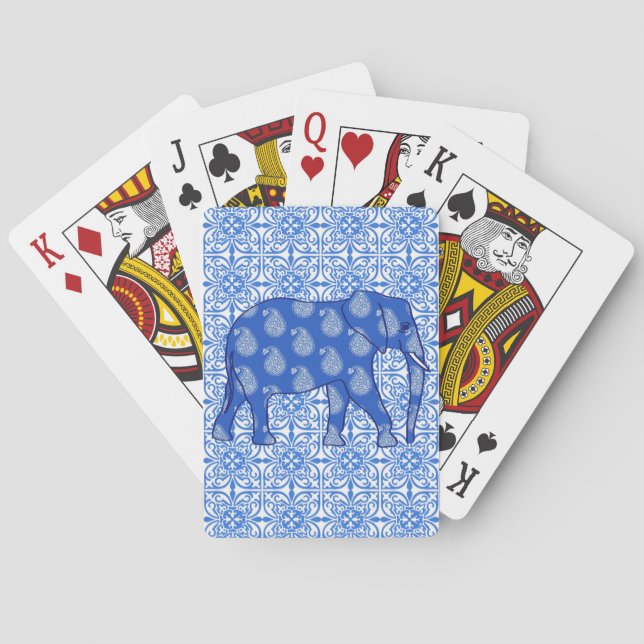Paisley elephant - cobalt blue and white poker cards (Back)
