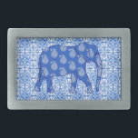 Paisley elephant - cobalt blue and white rectangular belt buckle<br><div class="desc">Mixed pattern digital graphic of a richly embellished elephant against an arabesque tiled background - cobalt blue with a white,  lacy,  paisley pattern</div>