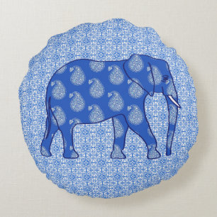 Paisley elephant - cobalt blue and white round pillow