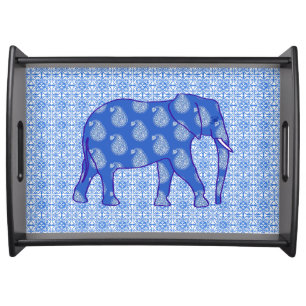 Paisley elephant - cobalt blue and white serving tray