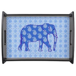 Paisley elephant - cobalt blue and white serving tray