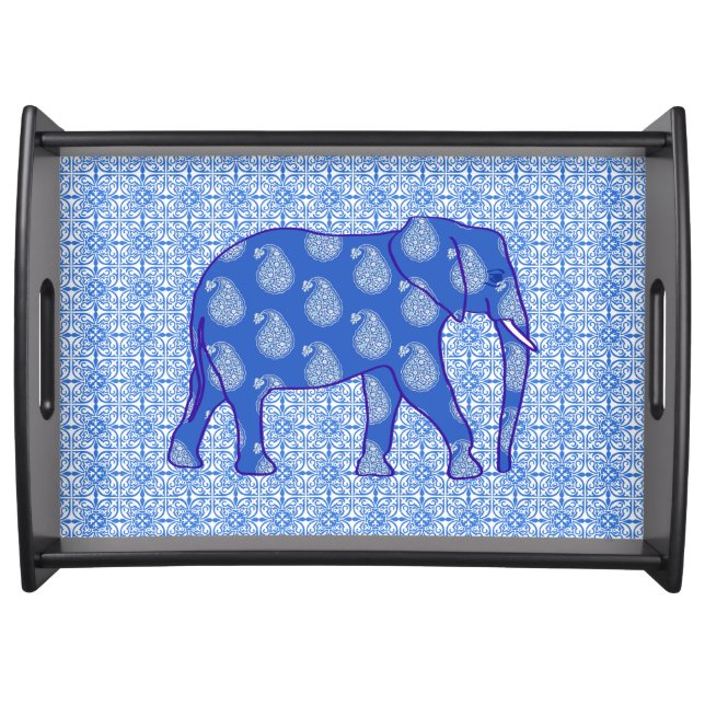 Paisley elephant - cobalt blue and white serving tray (Front)
