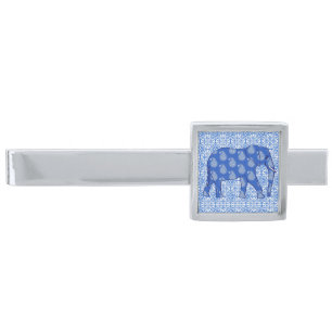 Paisley elephant - cobalt blue and white silver finish tie clip