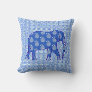 Paisley elephant - cobalt blue and white throw pillow