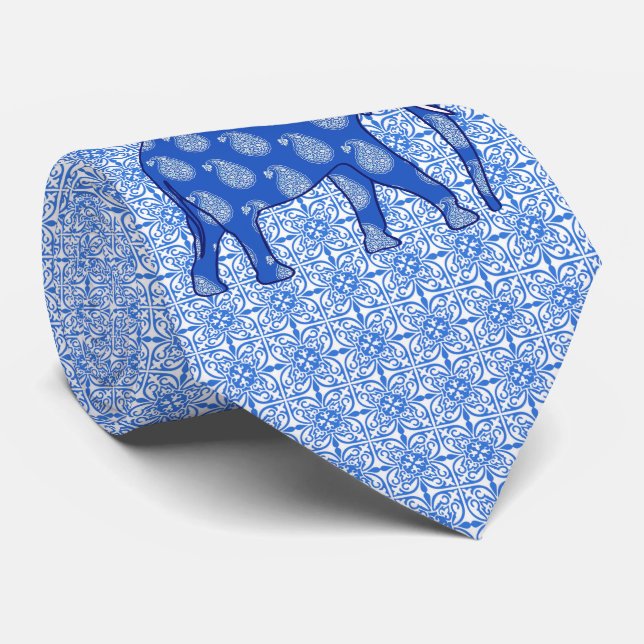 Paisley elephant - cobalt blue and white tie (Rolled)