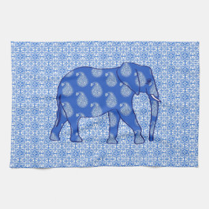 Paisley elephant - cobalt blue and white towel