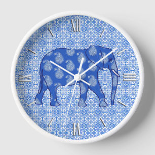 Paisley elephant - cobalt blue and white wall clock