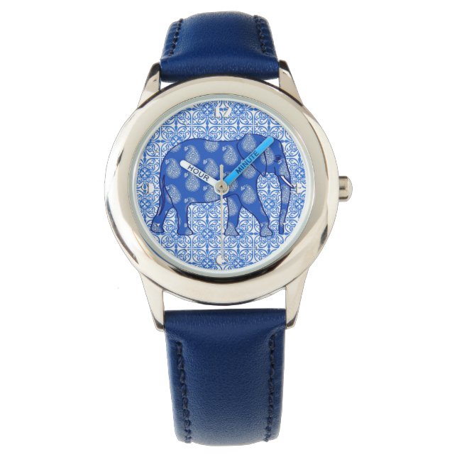 Paisley elephant - cobalt blue and white watch (Front)
