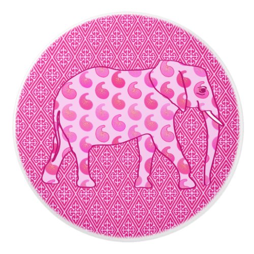 Paisley Elephant Ice Pink and Fuchsia Ceramic Knob