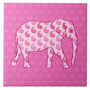 Paisley elephant - ice pink and fuchsia ceramic tile