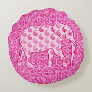 Paisley elephant - ice pink and fuchsia round pillow