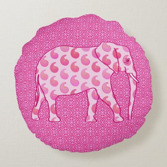 Paisley elephant - ice pink and fuchsia round pillow (Back)